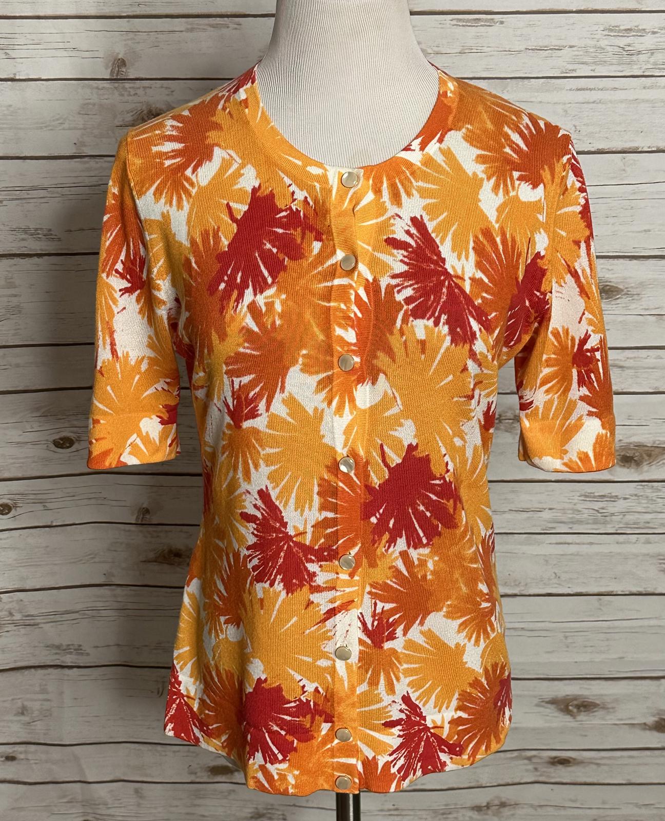 Lafayette 148 New York artsy orange/red short sleeve cardigan sweater Size M