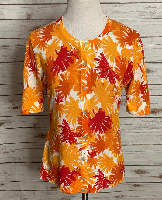 Lafayette 148 New York artsy orange/red short sleeve cardigan sweater Size M