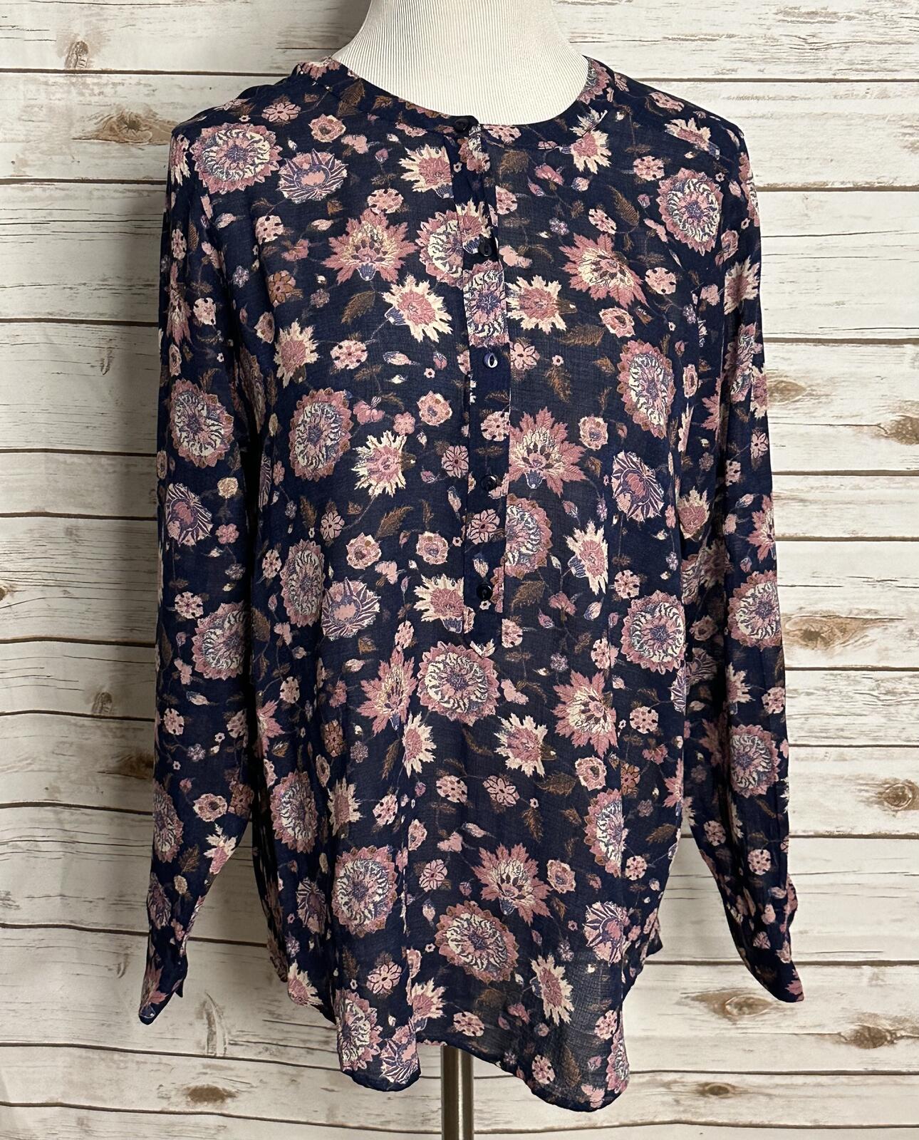 Lucky Brand boho navy/pink semi-sheer long sleeve floral peasant top Size Large