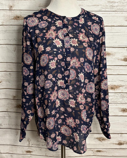 Lucky Brand boho navy/pink semi-sheer long sleeve floral peasant top Size Large