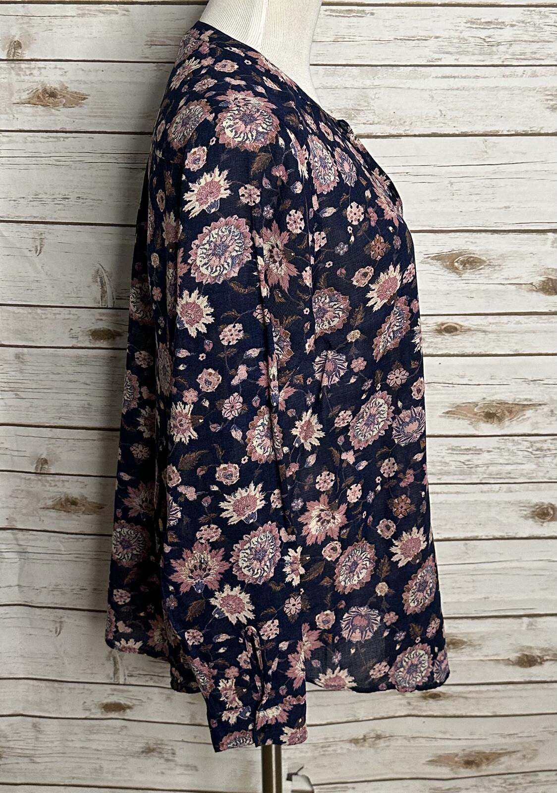 Lucky Brand boho navy/pink semi-sheer long sleeve floral peasant top Size Large