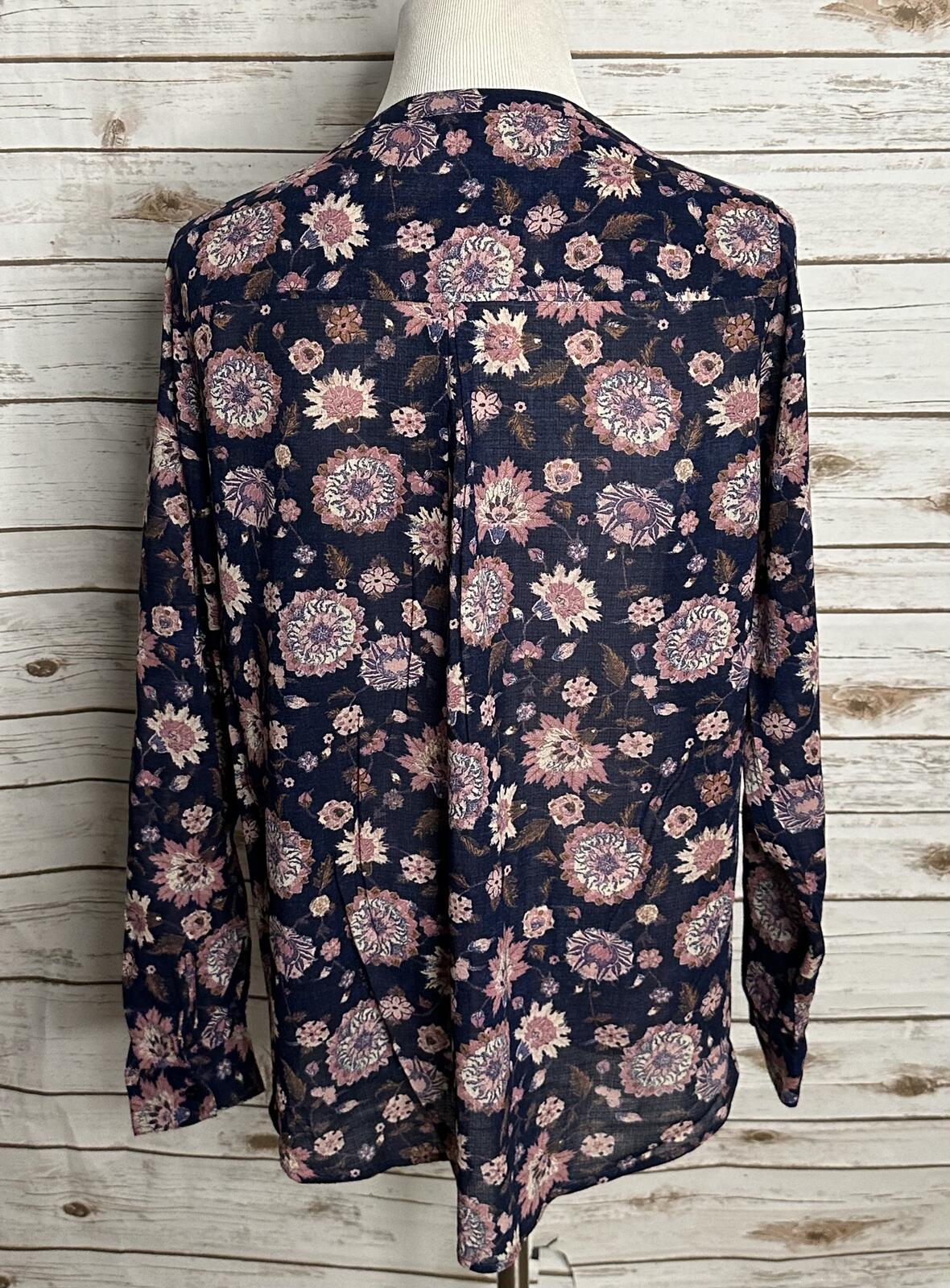 Lucky Brand boho navy/pink semi-sheer long sleeve floral peasant top Size Large