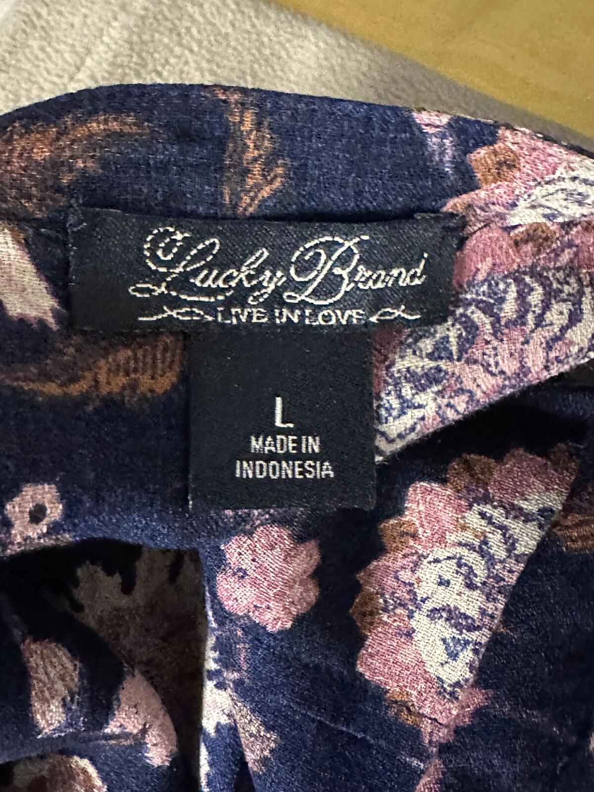 Lucky Brand boho navy/pink semi-sheer long sleeve floral peasant top Size Large