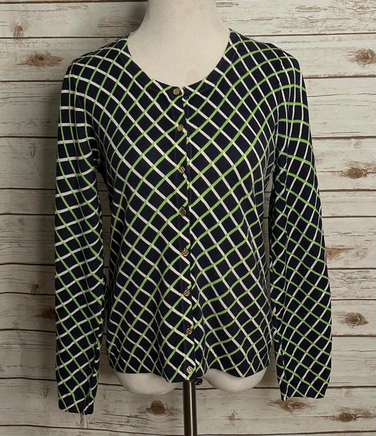 Talbots classic cotton navy geometric gold button-front cardigan sweater Medium