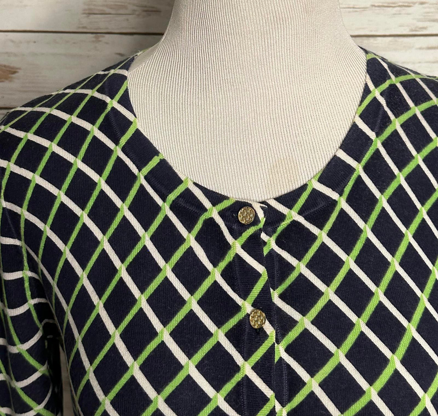 Talbots classic cotton navy geometric gold button-front cardigan sweater Medium