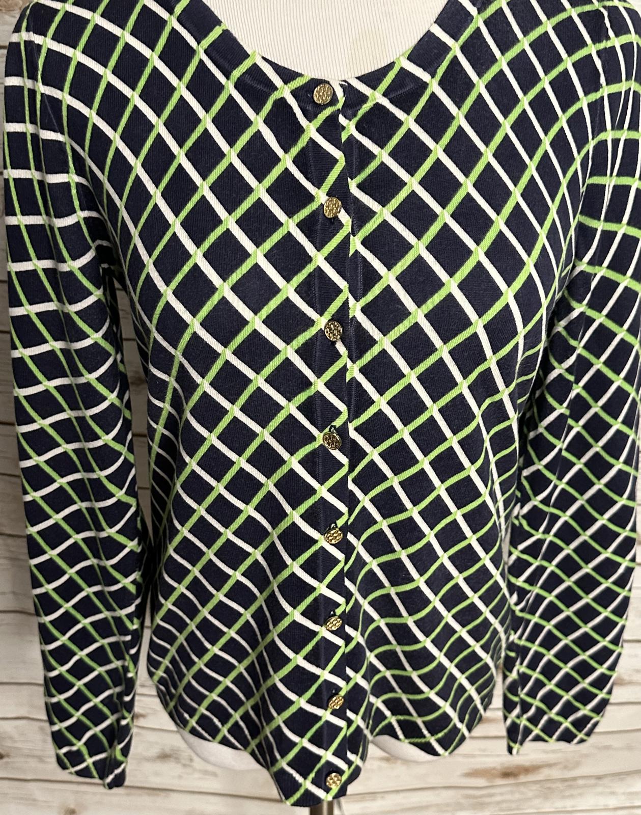 Talbots classic cotton navy geometric gold button-front cardigan sweater Medium