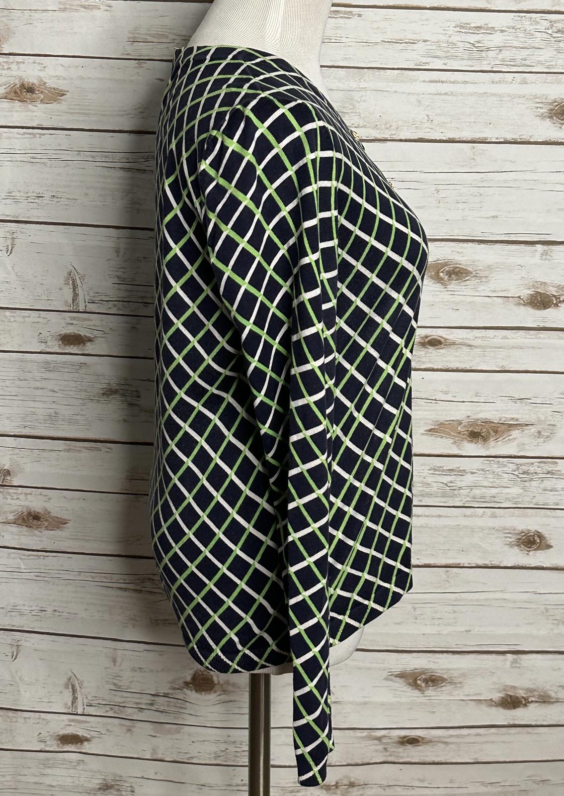 Talbots classic cotton navy geometric gold button-front cardigan sweater Medium