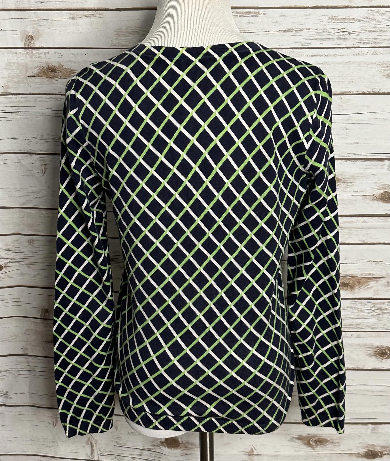 Talbots classic cotton navy geometric gold button-front cardigan sweater Medium
