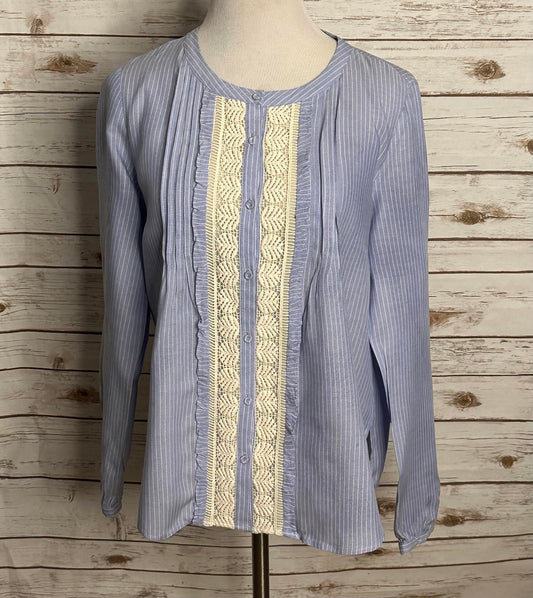 Anthropologie Daniel Rainn boho light blue/white pinstripe lace inset blouse Size Large