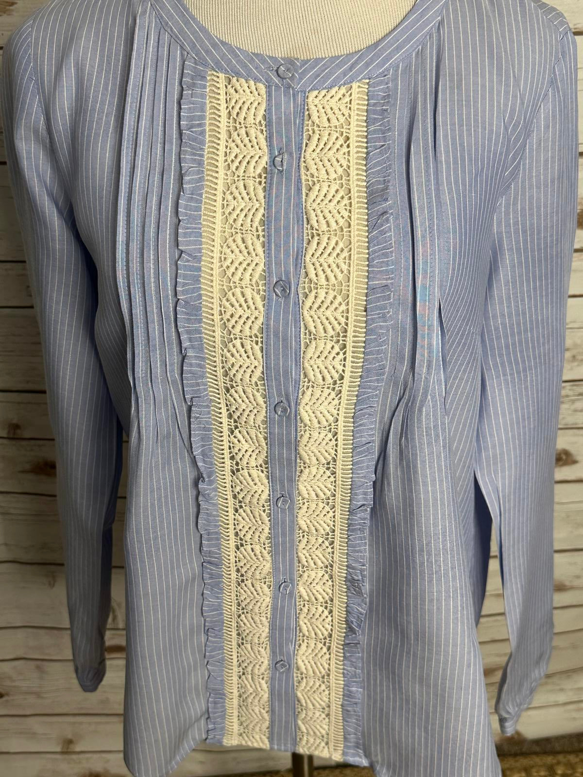 Anthropologie Daniel Rainn boho light blue/white pinstripe lace inset blouse Size Large