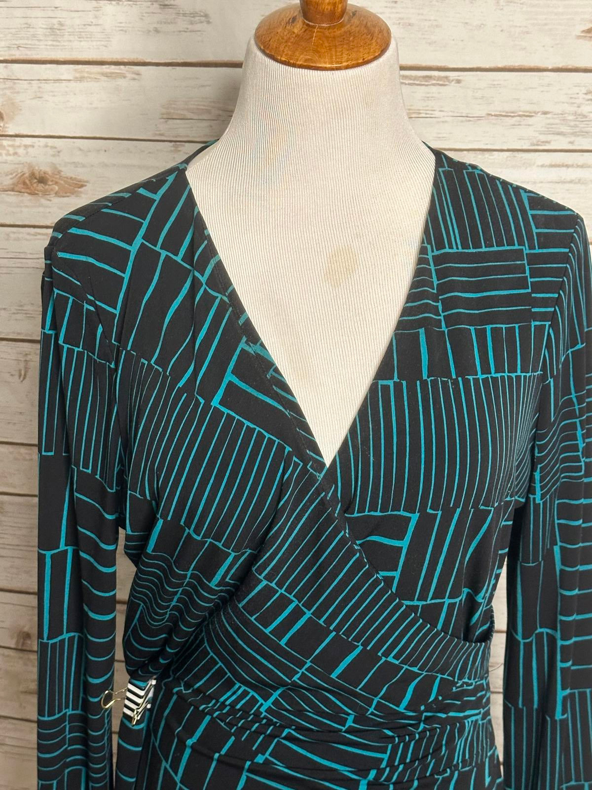 Calvin Klein classic black/teal long sleeve ruched faux wrap sheath dress 2X