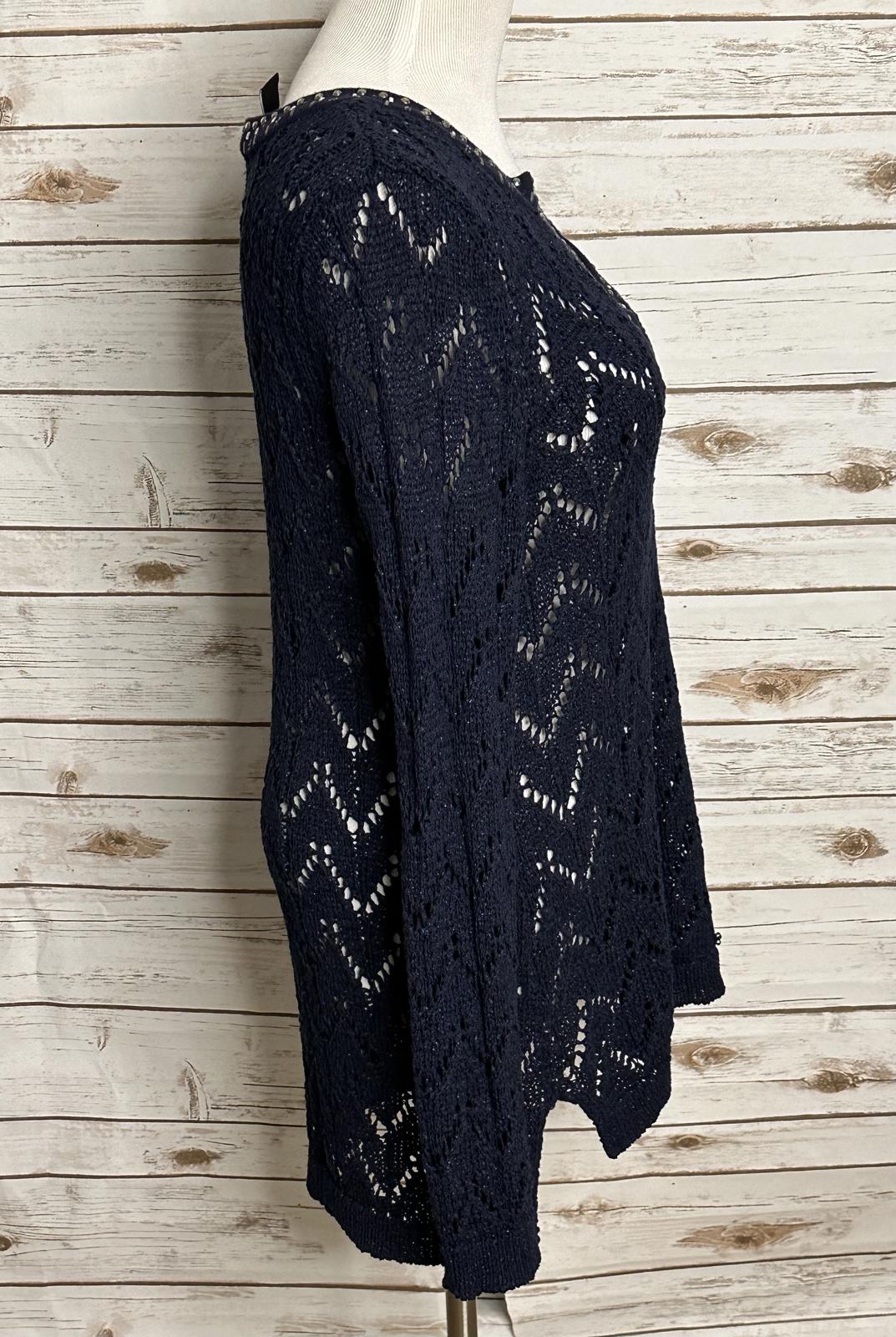 White House Black Market navy beaded keyhole neck pointelle knit tunic Large