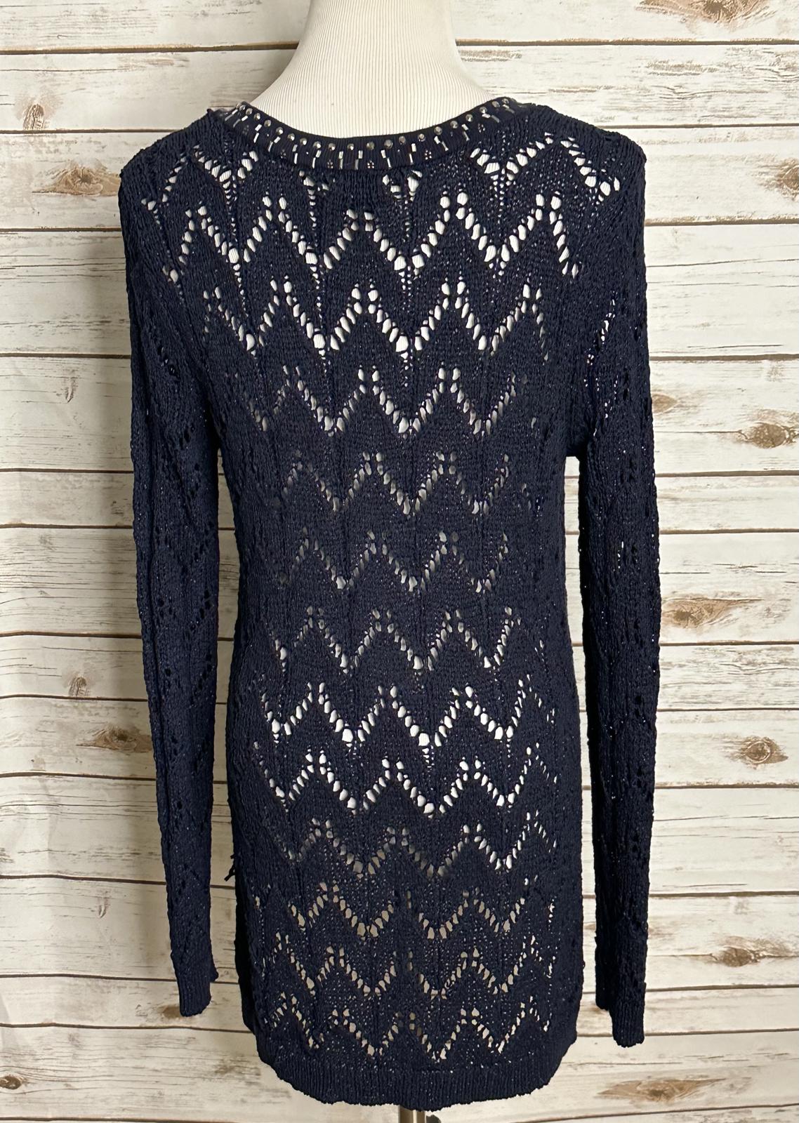 White House Black Market navy beaded keyhole neck pointelle knit tunic Large
