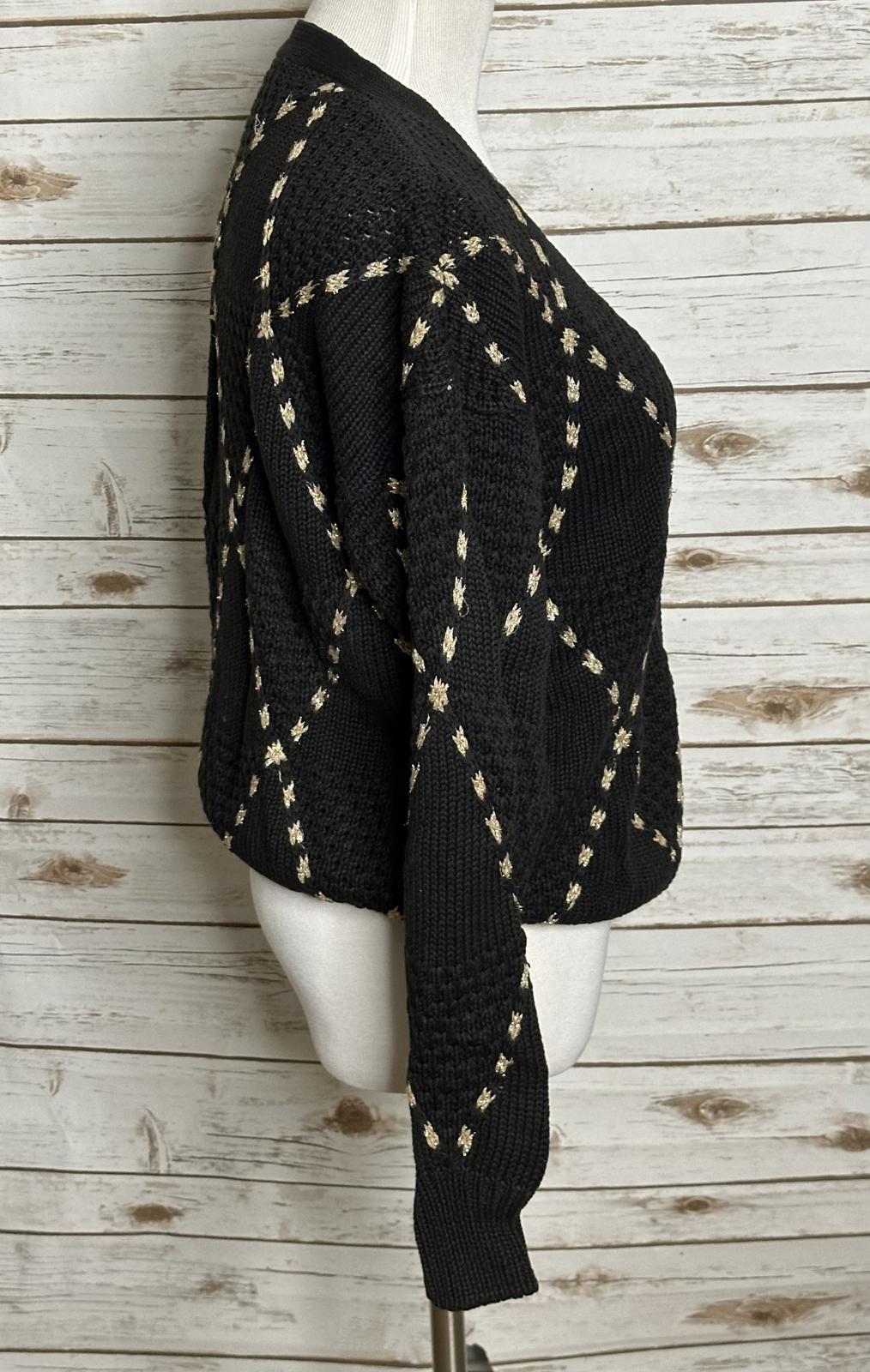 Vintage black/gold argyle long sleeve V-neck chunky knit cardigan sweater Large