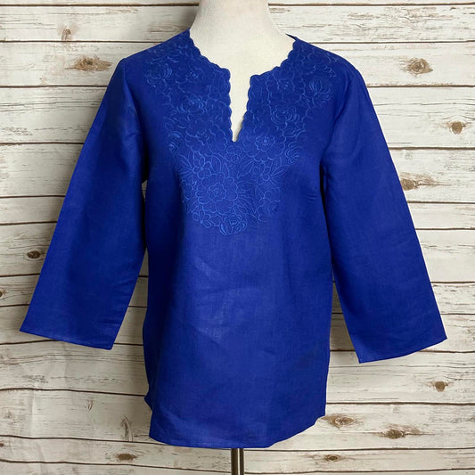 Susan Bristol coastal cobalt blue floral embroidered linen V-neck tunic Large