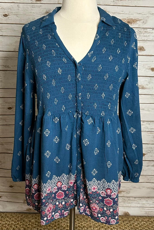 Torrid teal boho floral V-neck long sleeve smocked peplum blouse Size 2/2X