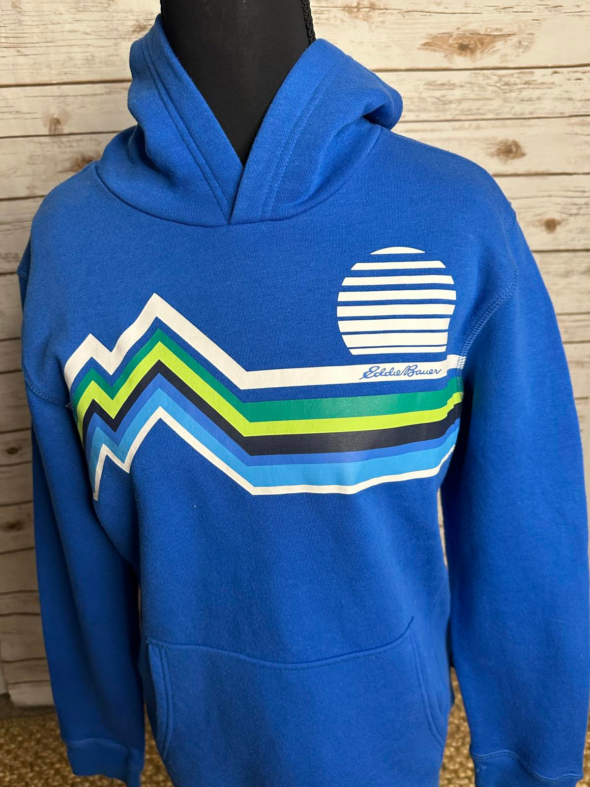Eddie Bauer blue retro graphic pullover hoodie/hooded sweatshirt Youth L (14-16)
