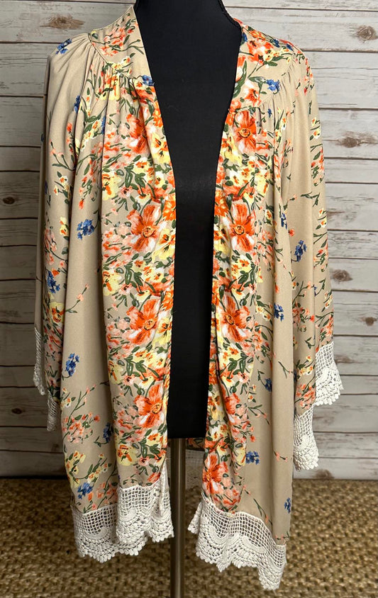 Umgee multicolored floral crochet lace trimmed open front kimono/duster/cover-up