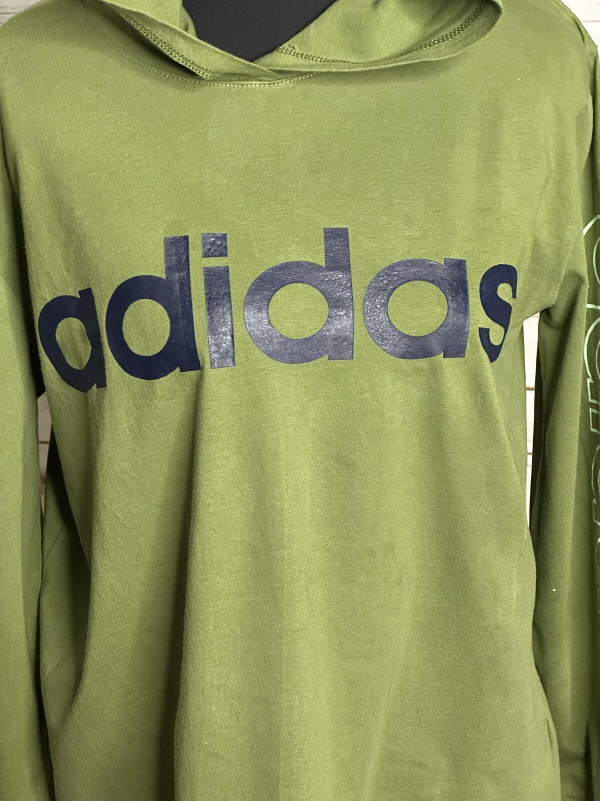 Adidas olive green cotton logo graphic hooded long sleeve t-shirt Youth L(14-16)