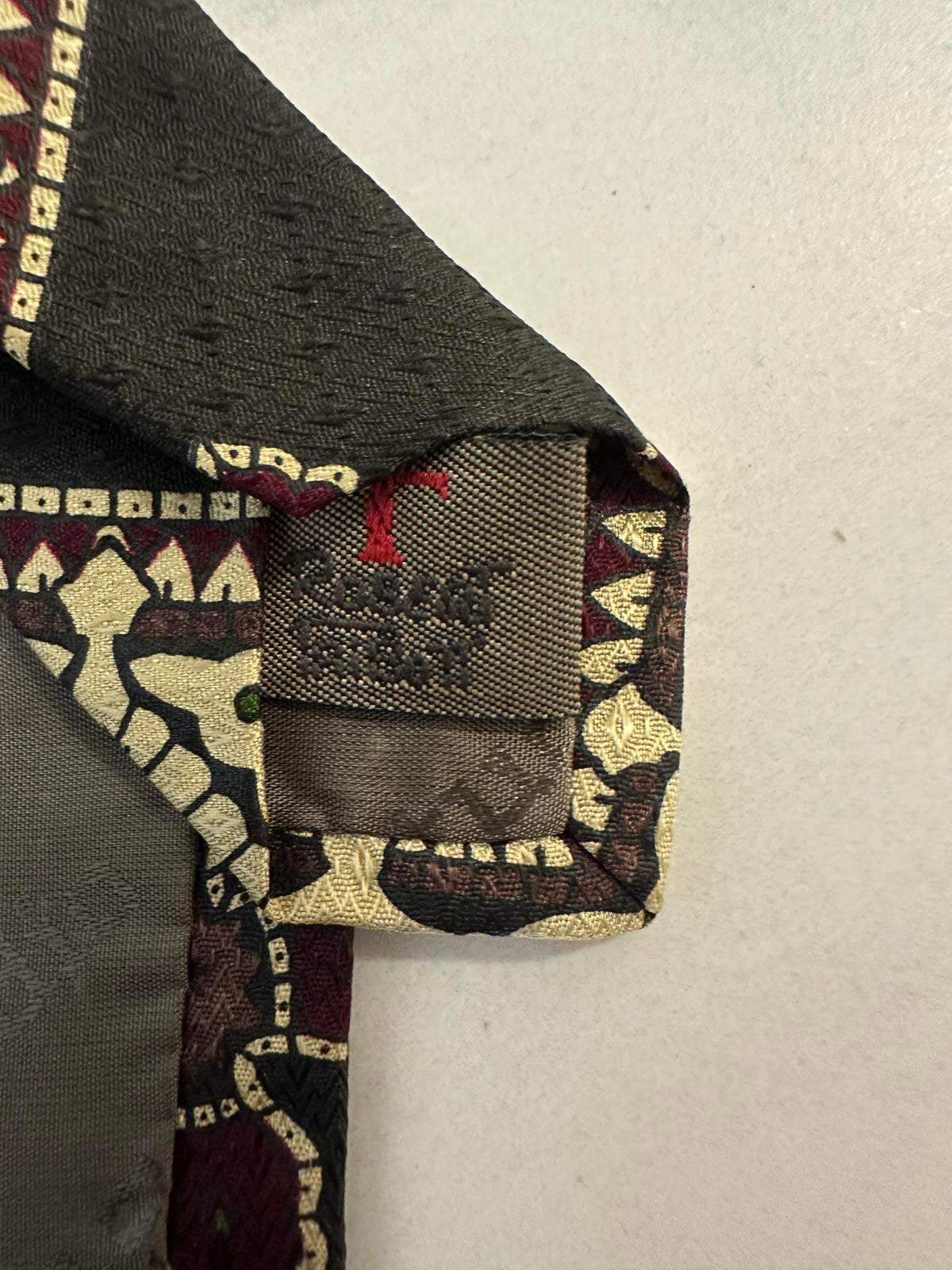 Vintage Talbott Studio classic dark grey/burgundy/cream geometric silk necktie