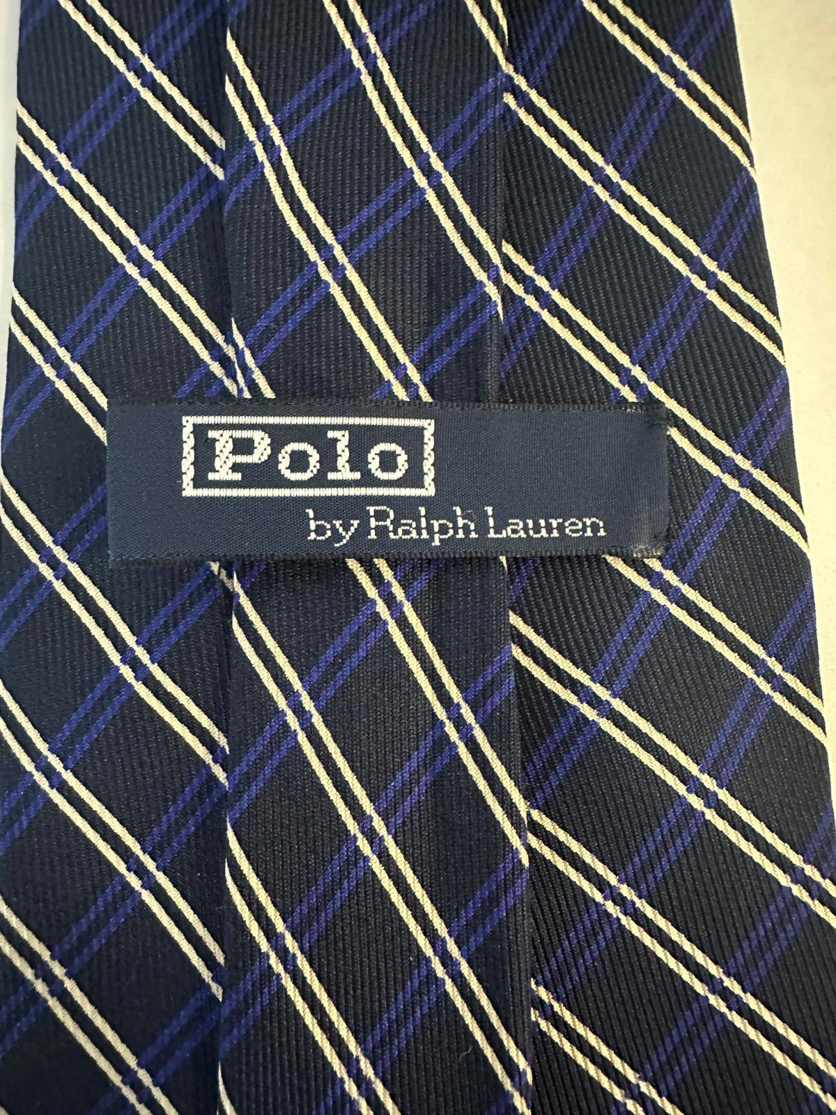 Vintage Polo by Ralph Lauren navy/royal blue/cream plaid/windowpane silk necktie