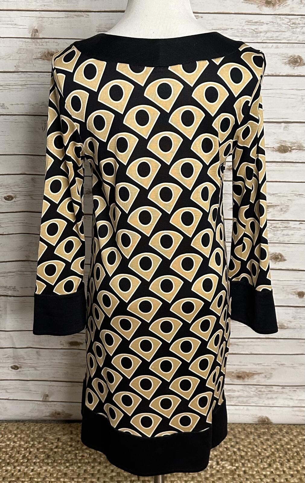 Diane von Furstenburg silk shift dress Size 10 black/gold geometric mod retro