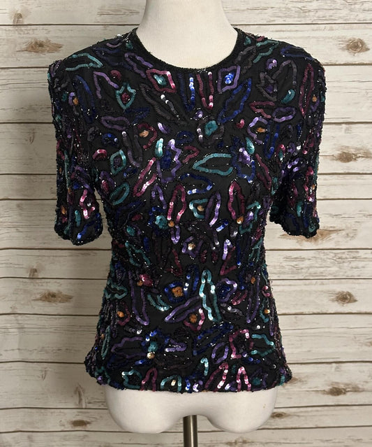 Vintage 80s 90s black/multicolored sequined/hand-beaded 100% silk evening top