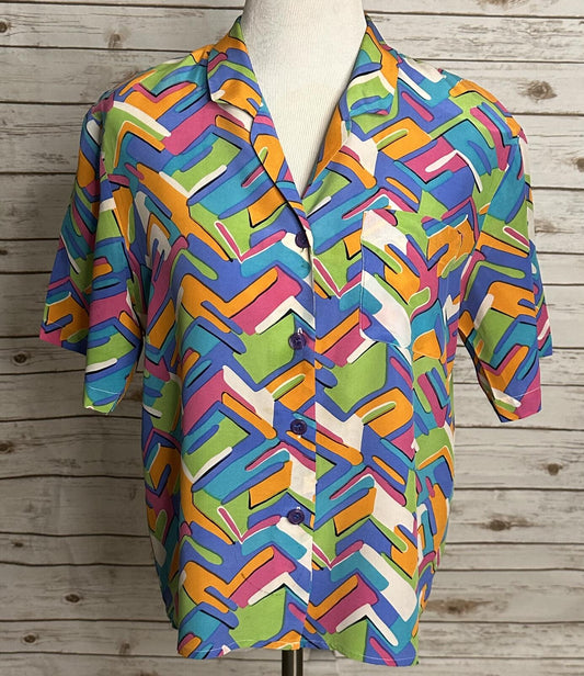Vintage SK & Company artsy multicolored abstract silk button-up blouse Size 10