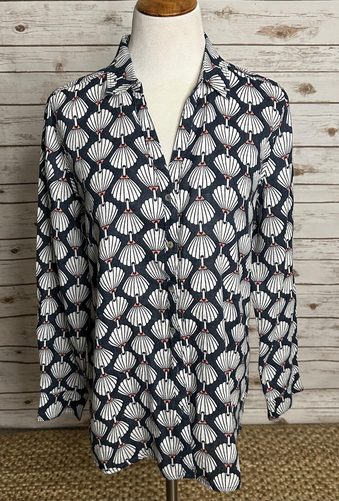 Martha Stewart navy/white/coral 100% linen long sleeve button-up shirt Size Med