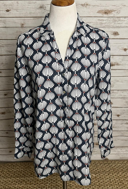 Martha Stewart navy/white/coral 100% linen long sleeve button-up shirt Size Med