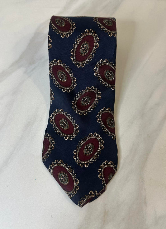 Vintage Christian Dior classic navy/burgundy paisley/medallion silk necktie