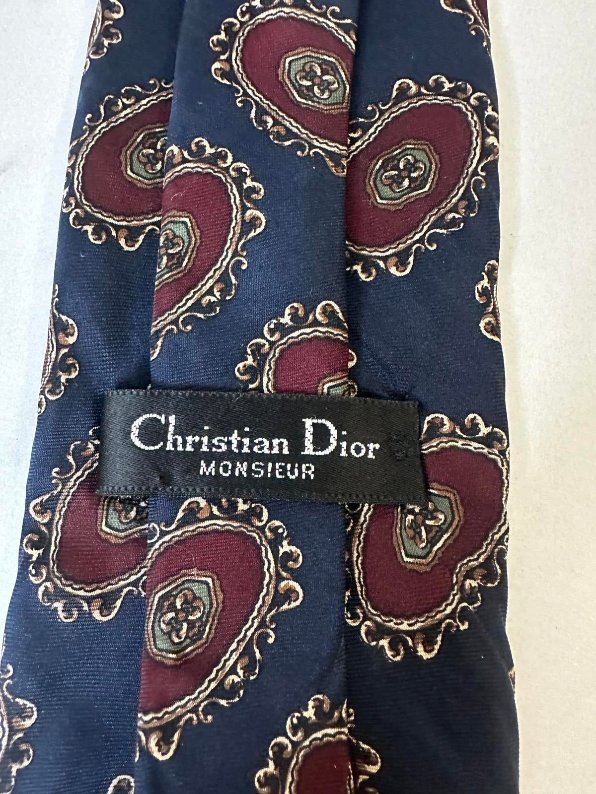 Vintage Christian Dior classic navy/burgundy paisley/medallion silk necktie