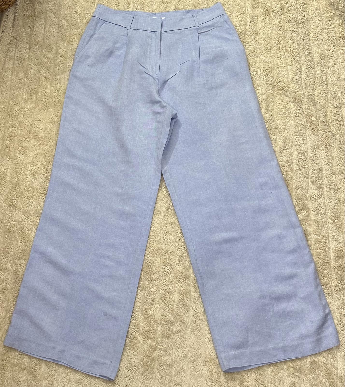 LOFT light blue linen-blend pleated front wide leg trousers/pants Size 10