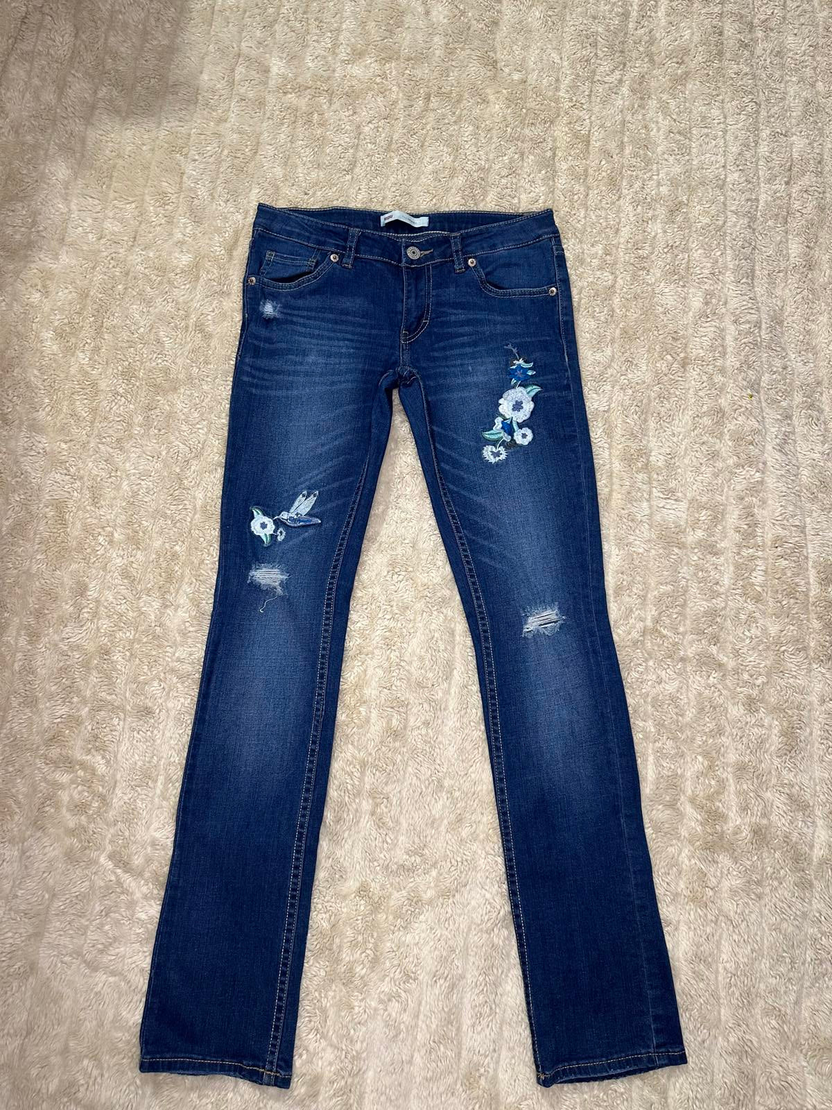 Levi's 711 Skinny distressed floral embroidered medium wash denim jeans Youth 14 Reg
