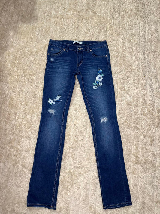 Levi's 711 Skinny distressed floral embroidered medium wash denim jeans Youth 14 Reg