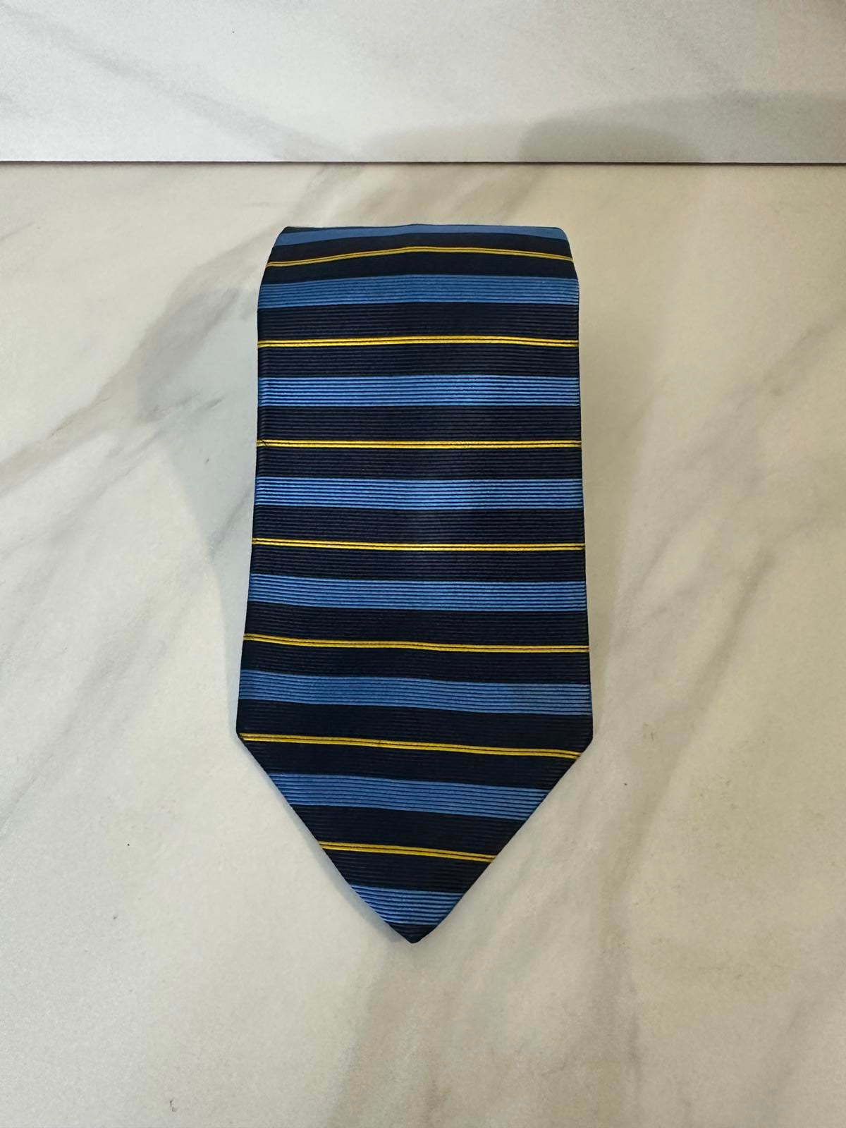 Brooks Brothers Makers classic navy/light blue/yellow striped silk necktie