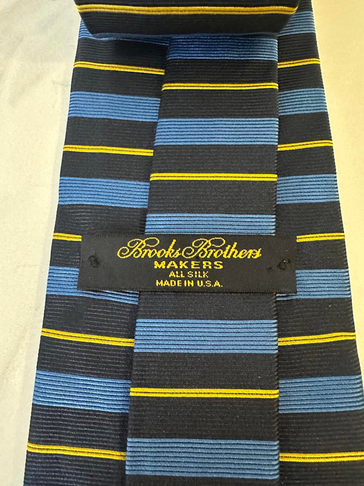 Brooks Brothers Makers classic navy/light blue/yellow striped silk necktie