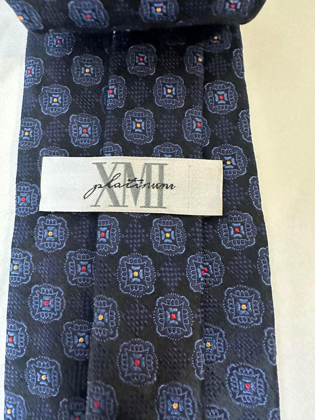 Vintage XMI Platinum classic navy blue geometric medallion silk neck tie