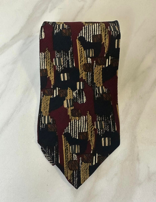 Vintage XMI burgundy/multicolored abstract geometric silk necktie