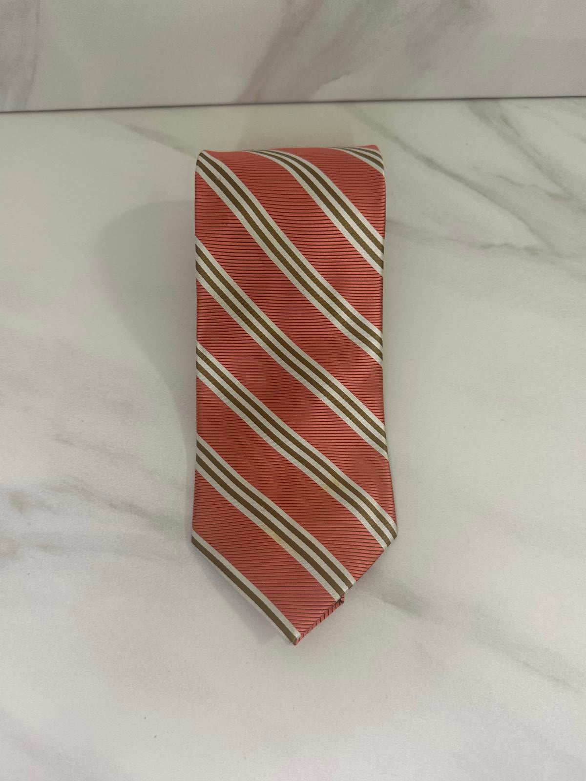 Brooks Brothers classic corpcore coral/white/gold diagonal striped silk necktie