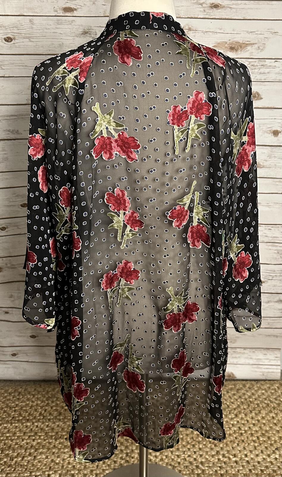 True Craft sheer floral open front kimono cardigan One Size black red whimsigoth