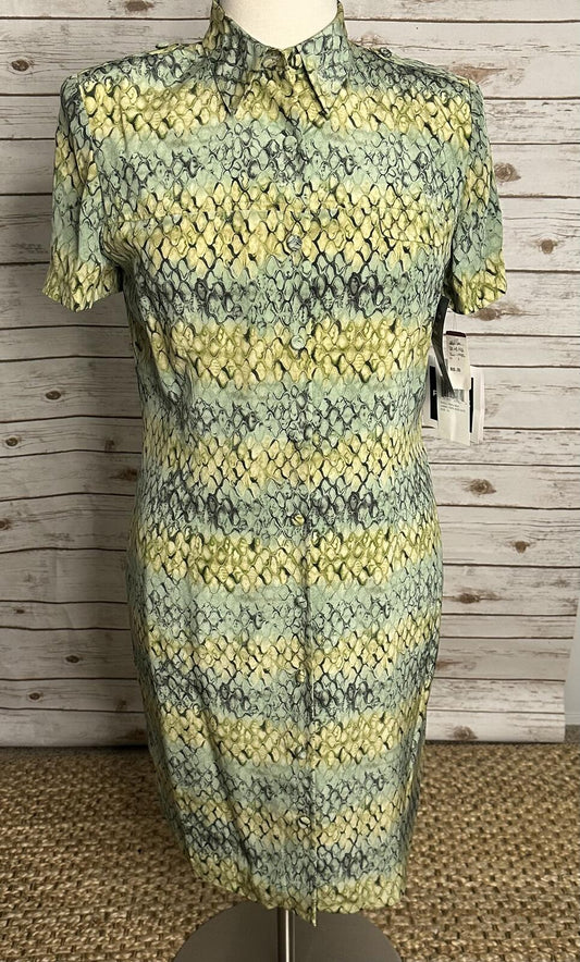 Vintage 100% silk reptile print midi dress Size 16 yellow green button up safari