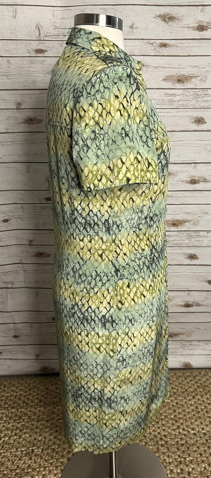 Vintage 100% silk reptile print midi dress Size 16 yellow green button up safari