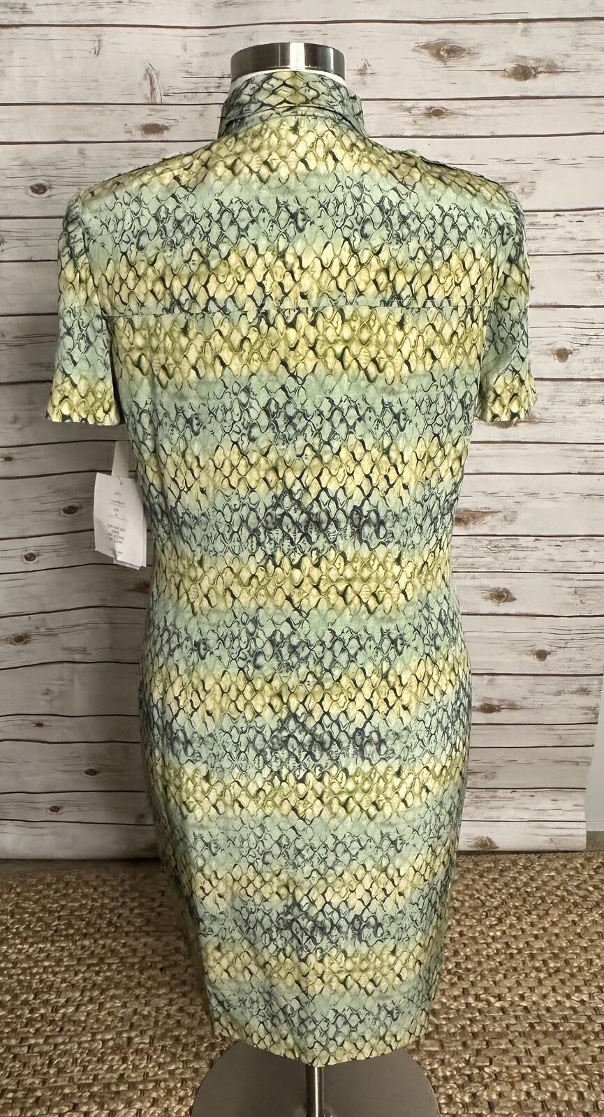 Vintage 100% silk reptile print midi dress Size 16 yellow green button up safari