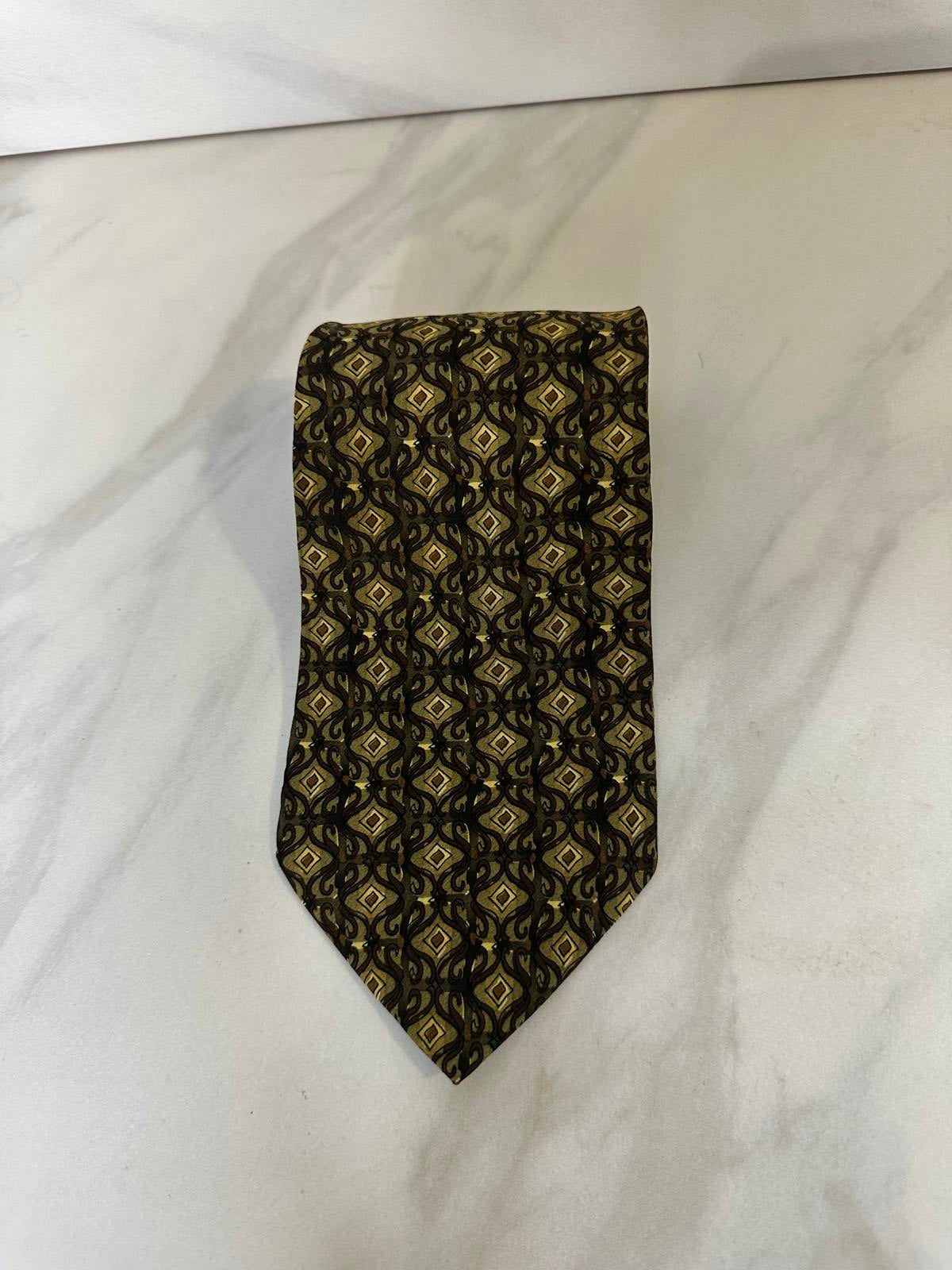 Vintage J. Garcia artsy brown/gold geometric 'Facet 2' Collection 21 silk neckie