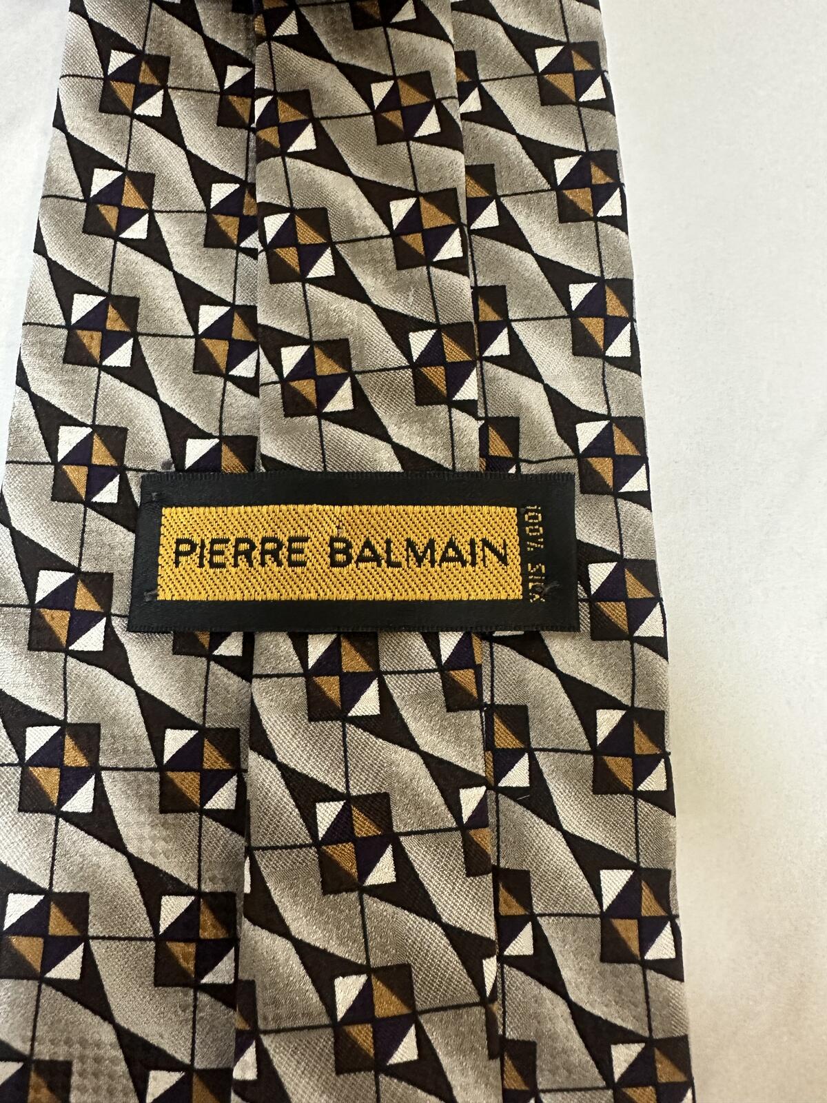 Pierre Balmain Paris 100% silk tie geometric brown/tan/beige/white classic