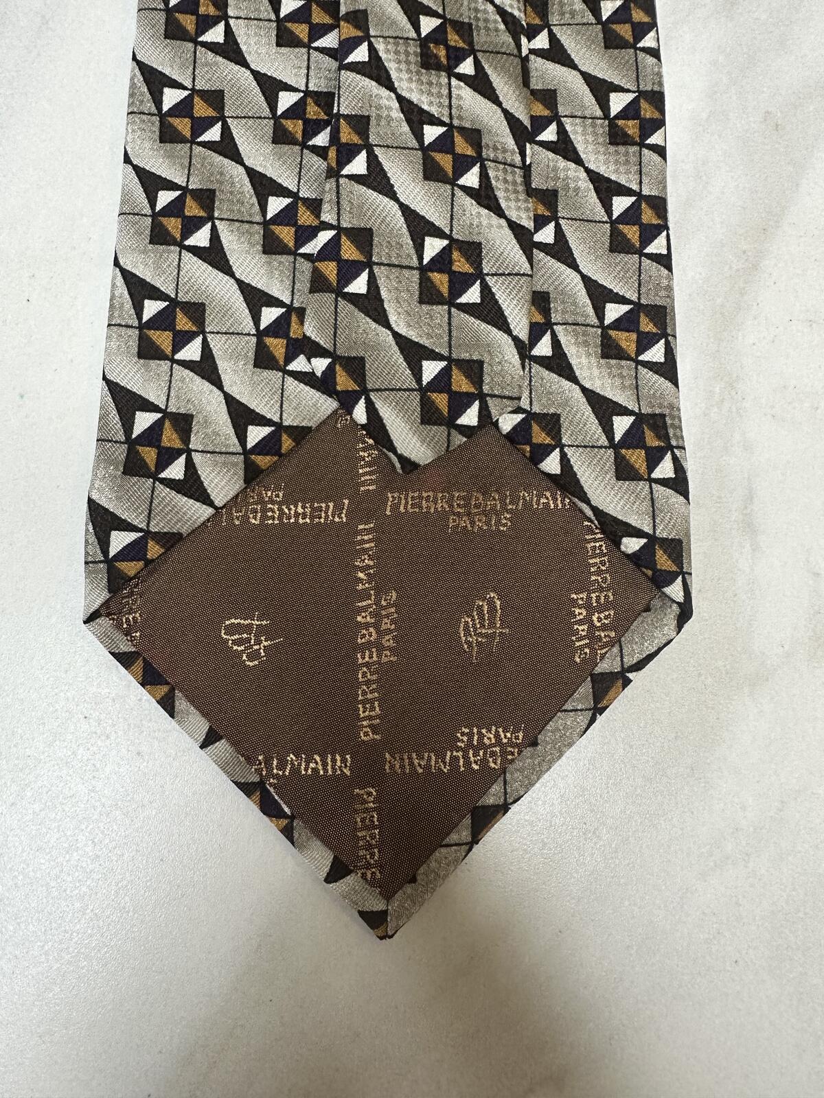 Pierre Balmain Paris 100% silk tie geometric brown/tan/beige/white classic
