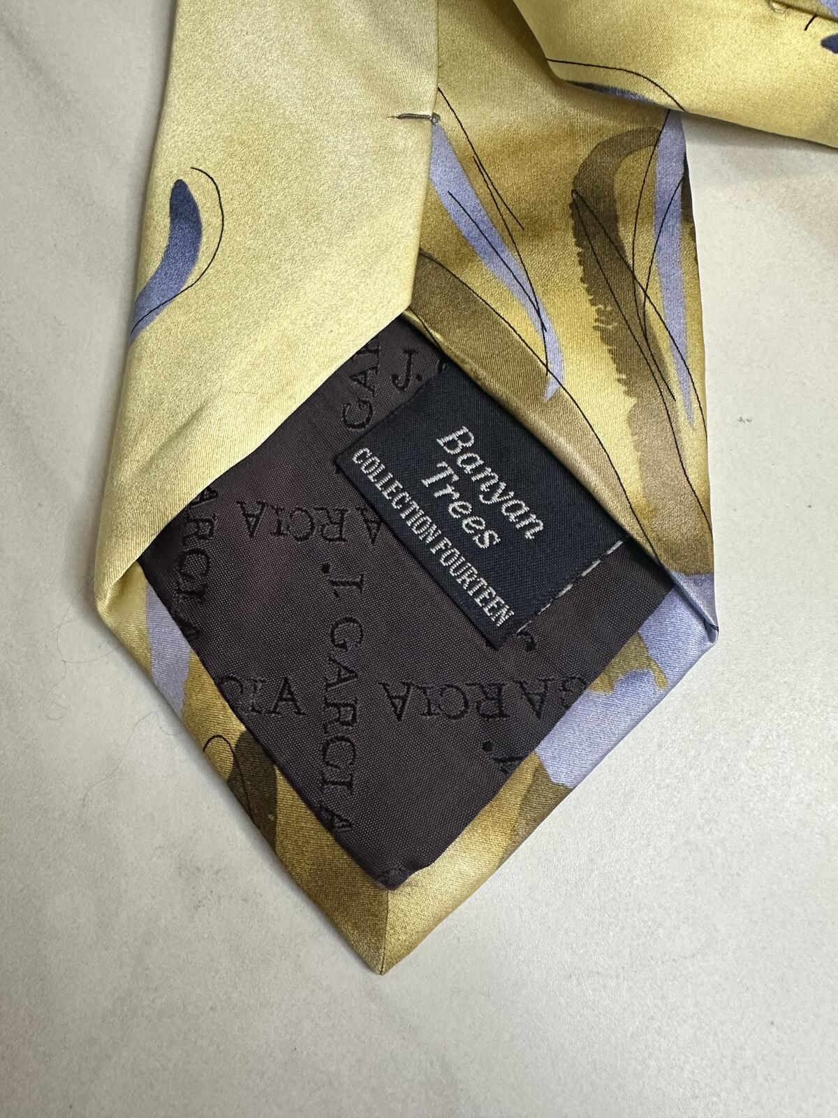 Vintage J. Garcia 100% silk tie gold/dark gold/silver/blue abstract wearable art