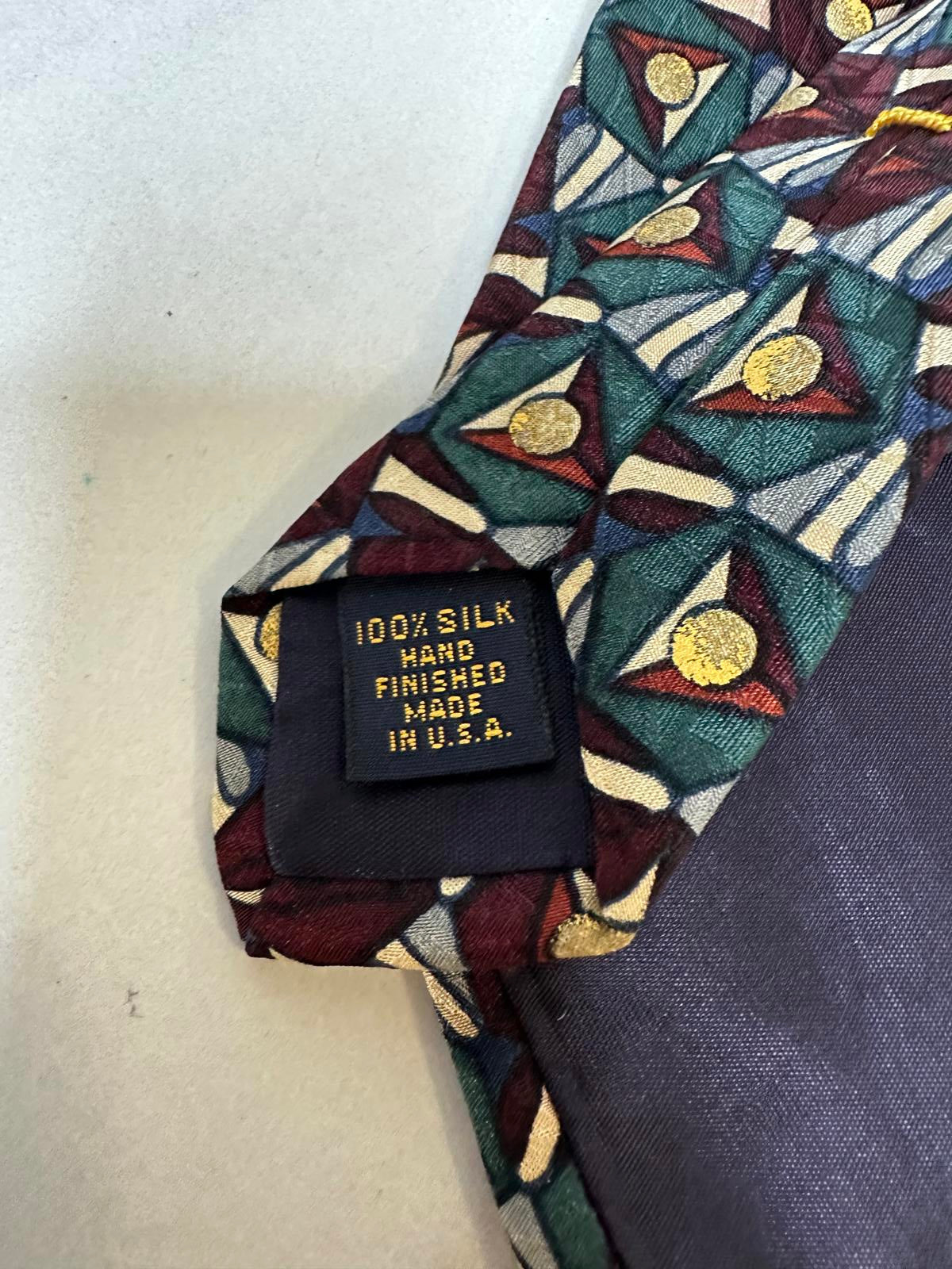 Vintage XMI art deco burgundy/teal/gold/cream bold geometric silk necktie