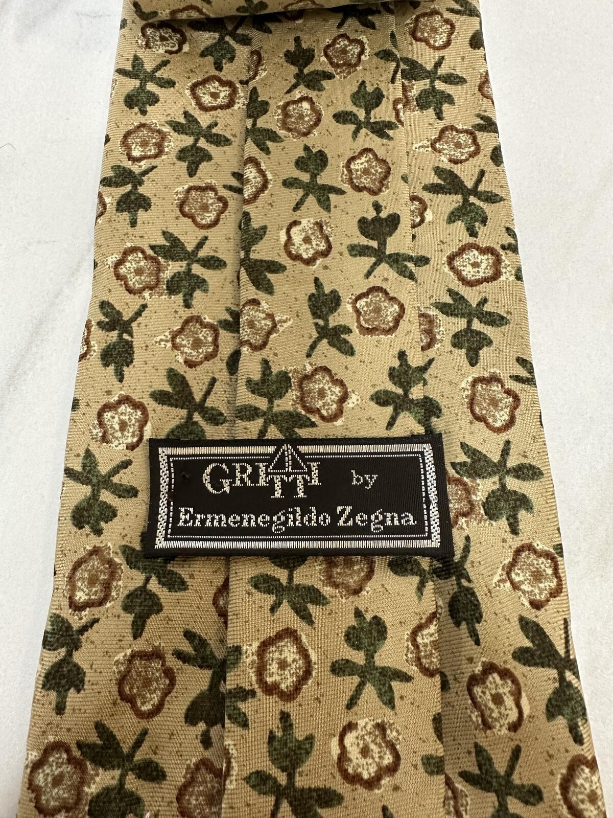 Gritti by Ermenegildo Zegna tan/brown/cream/green floral Italian silk tie